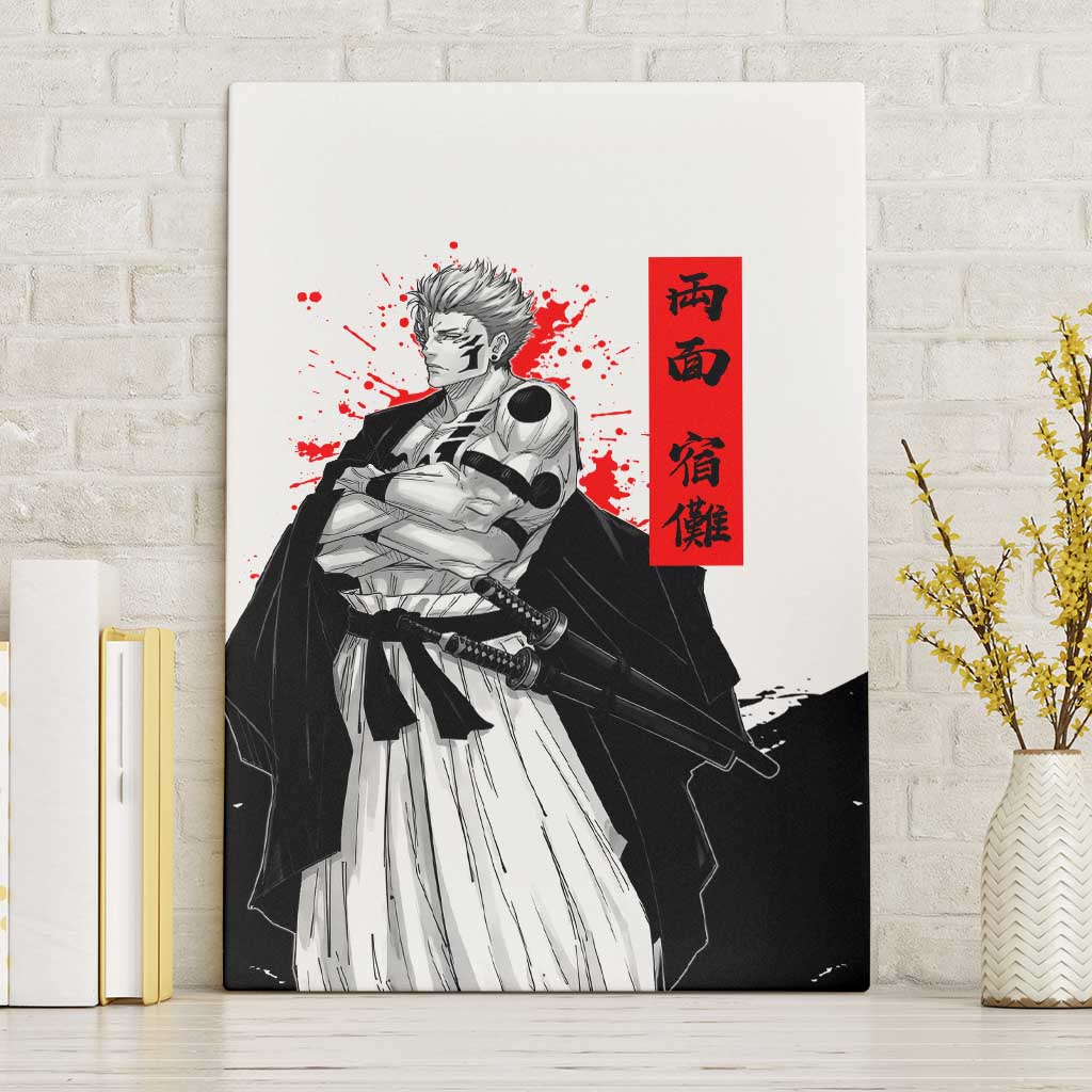 Sukuna Jujutsu Kaisen Samurai Aesthetic Canvas Wall Art with Katana, Red Kanji and Oni Mask Design - The Mazicc