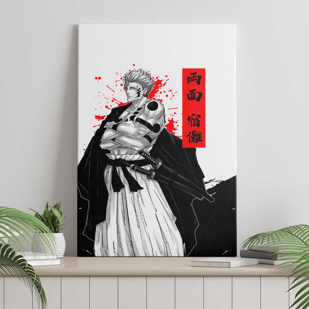Sukuna Jujutsu Kaisen Samurai Aesthetic Canvas Wall Art with Katana, Red Kanji and Oni Mask Design - The Mazicc