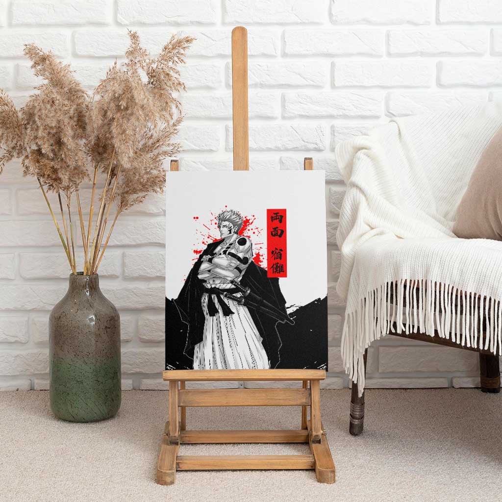 Sukuna Jujutsu Kaisen Samurai Aesthetic Canvas Wall Art with Katana, Red Kanji and Oni Mask Design - The Mazicc