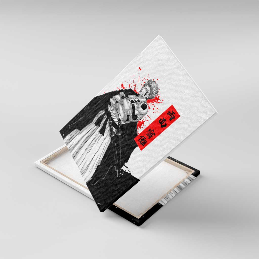 Sukuna Jujutsu Kaisen Samurai Aesthetic Canvas Wall Art with Katana, Red Kanji and Oni Mask Design - The Mazicc