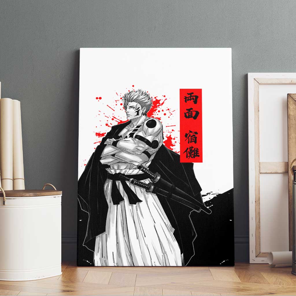 Sukuna Jujutsu Kaisen Samurai Aesthetic Canvas Wall Art with Katana, Red Kanji and Oni Mask Design - The Mazicc