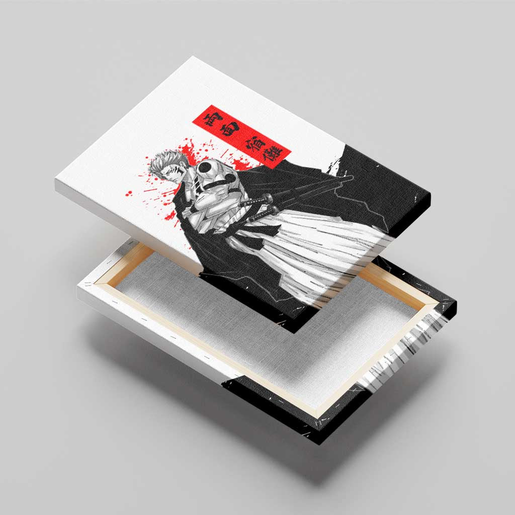Sukuna Jujutsu Kaisen Samurai Aesthetic Canvas Wall Art with Katana, Red Kanji and Oni Mask Design - The Mazicc