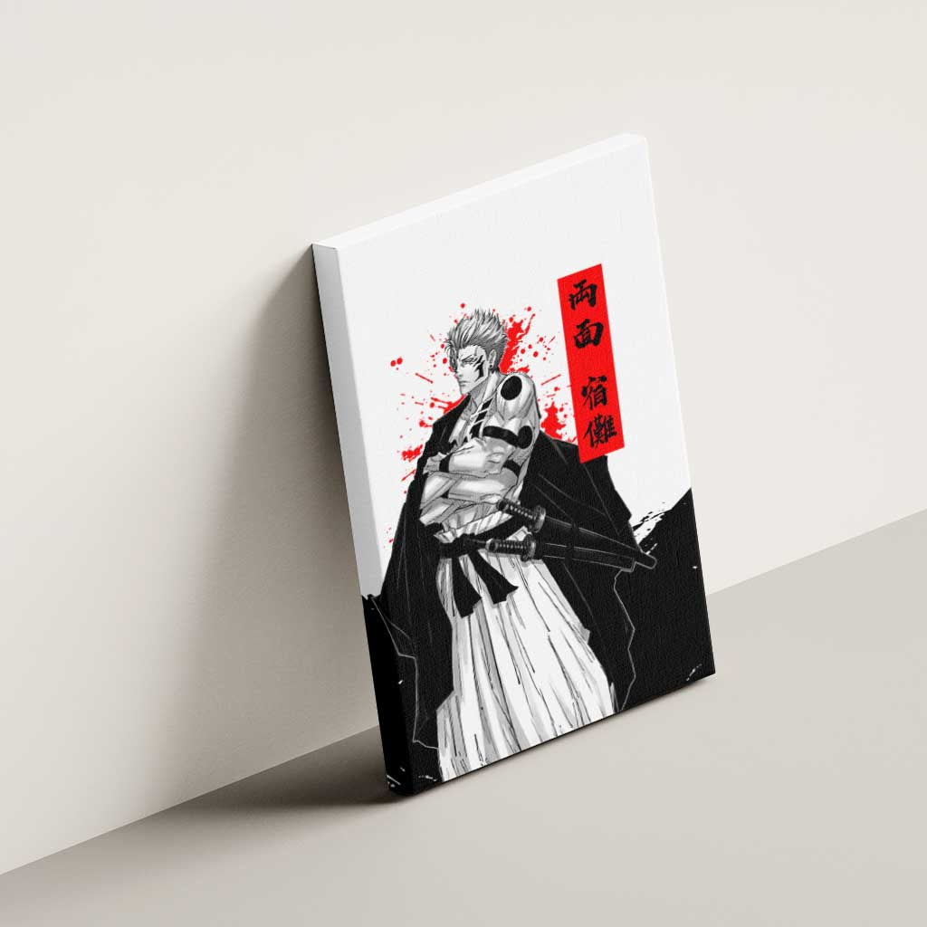 Sukuna Jujutsu Kaisen Samurai Aesthetic Canvas Wall Art with Katana, Red Kanji and Oni Mask Design - The Mazicc