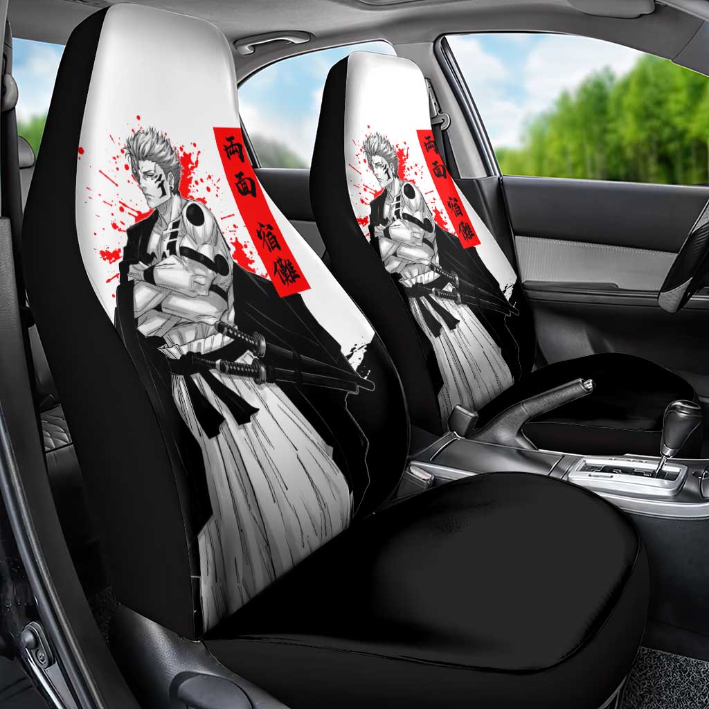 Sukuna Jujutsu Kaisen Samurai Aesthetic Car Seat Cover with Katana, Red Kanji and Oni Mask Design - The Mazicc