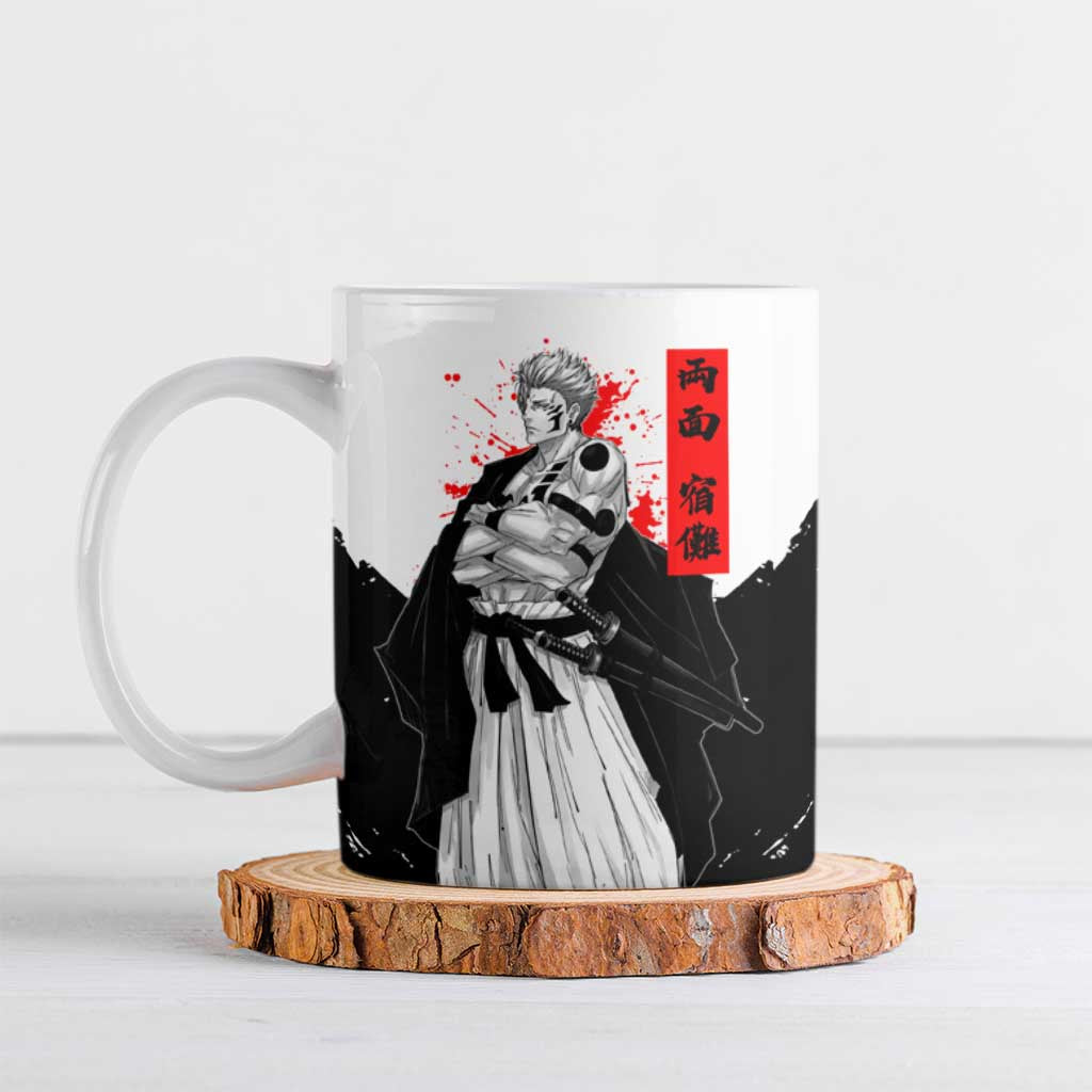 Sukuna Jujutsu Kaisen Samurai Aesthetic Ceramic Mug with Katana, Red Kanji and Oni Mask Design - The Mazicc