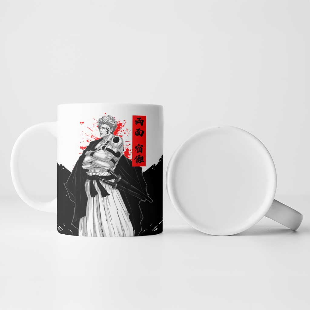 Sukuna Jujutsu Kaisen Samurai Aesthetic Ceramic Mug with Katana, Red Kanji and Oni Mask Design - The Mazicc