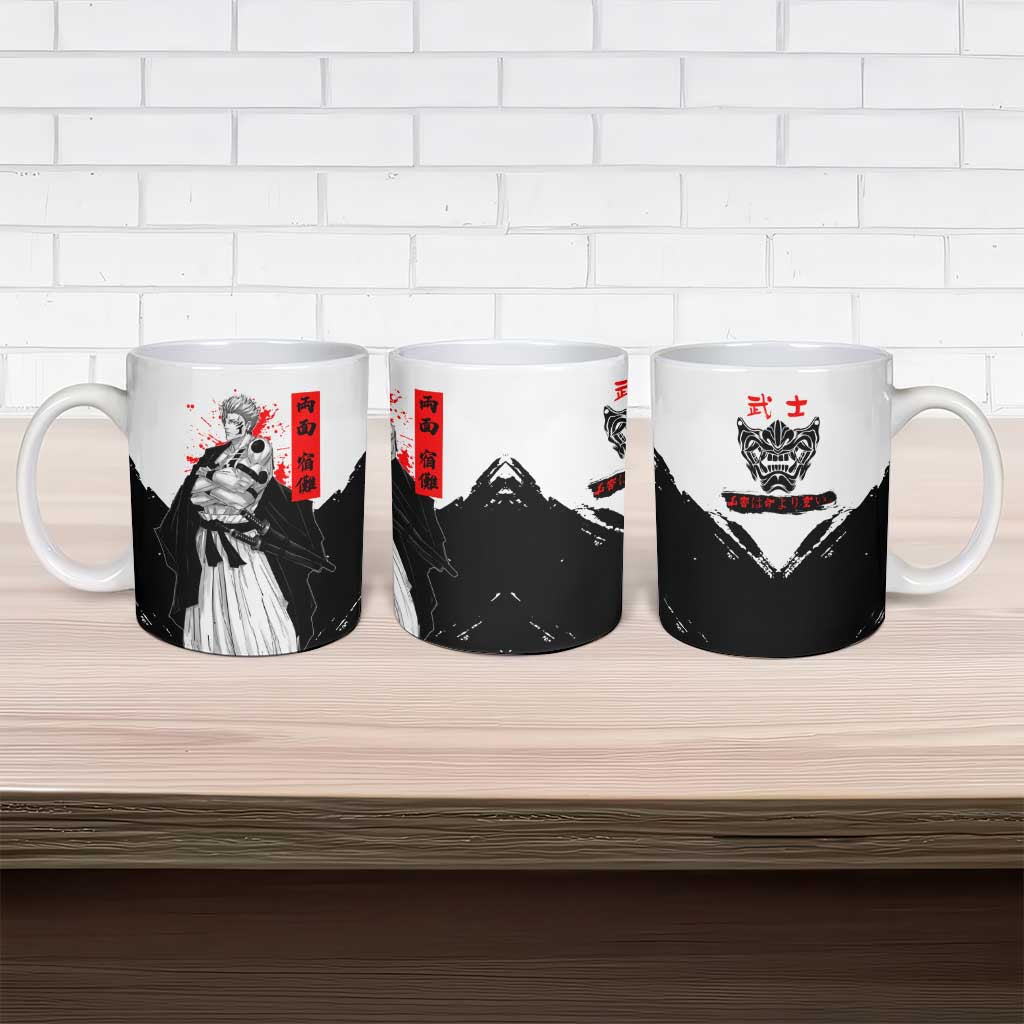 Sukuna Jujutsu Kaisen Samurai Aesthetic Ceramic Mug with Katana, Red Kanji and Oni Mask Design - The Mazicc
