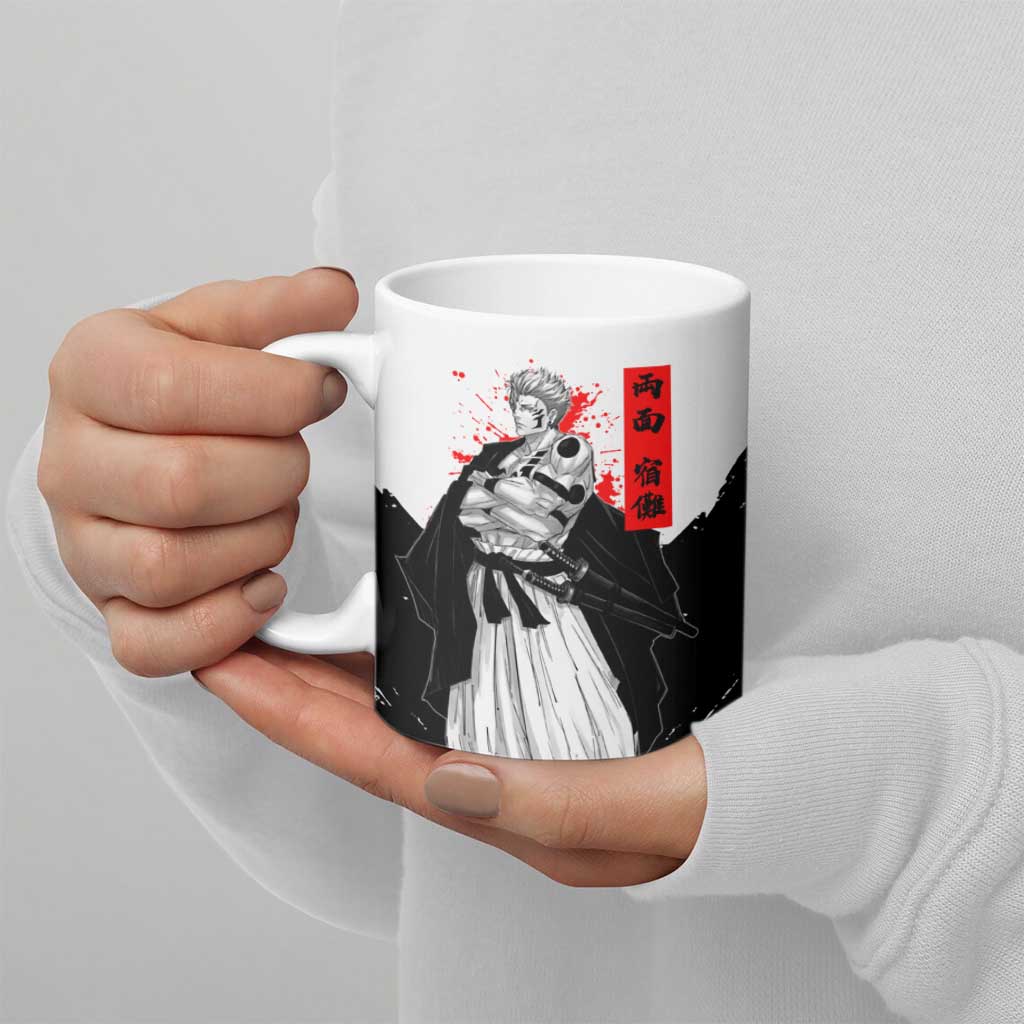 Sukuna Jujutsu Kaisen Samurai Aesthetic Ceramic Mug with Katana, Red Kanji and Oni Mask Design - The Mazicc