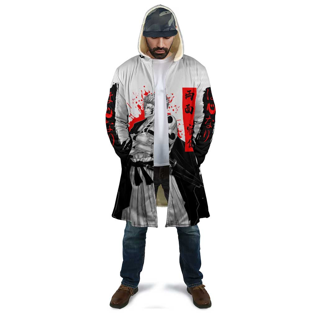 Sukuna Jujutsu Kaisen Samurai Aesthetic Cloak with Katana, Red Kanji and Oni Mask Design - The Mazicc