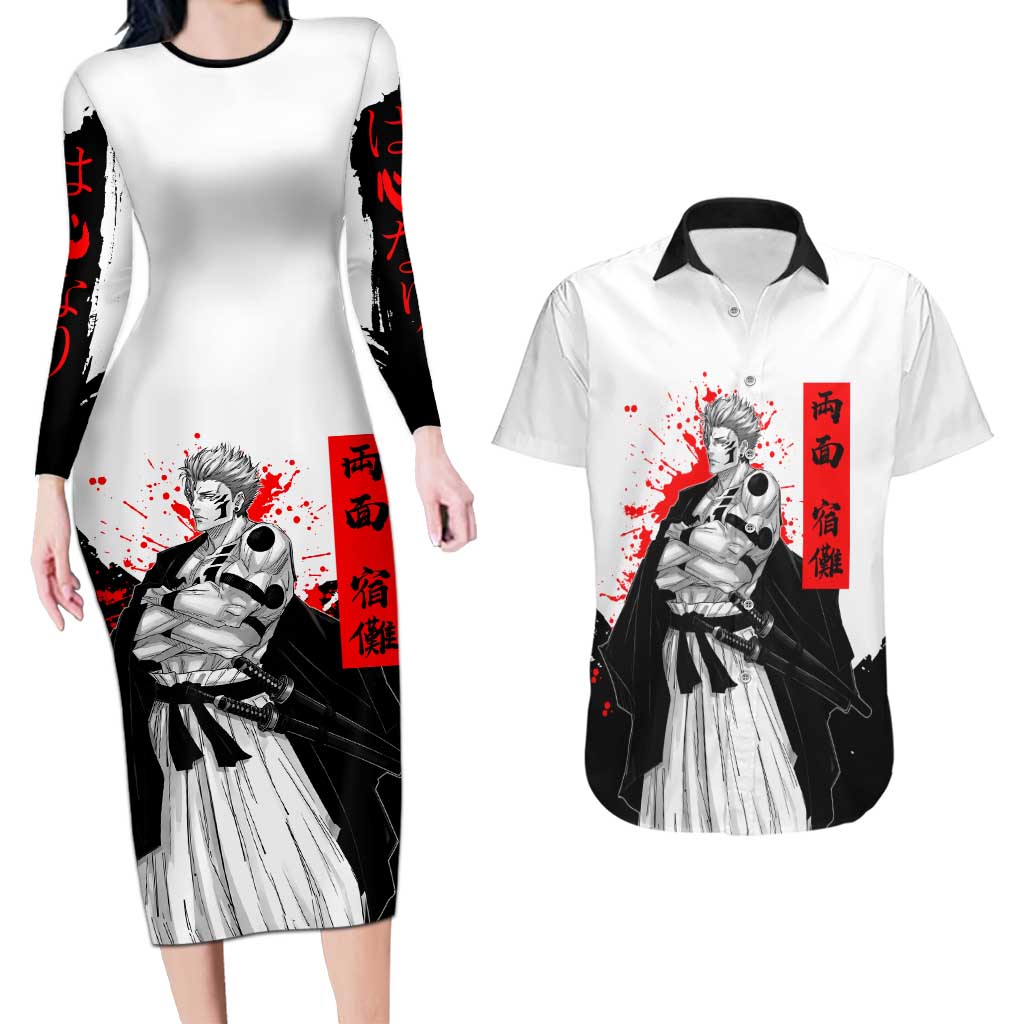 Sukuna Jujutsu Kaisen Samurai Aesthetic Couples Matching Long Sleeve Bodycon Dress and Hawaiian Shirt with Katana, Red Kanji and Oni Mask Design - The Mazicc
