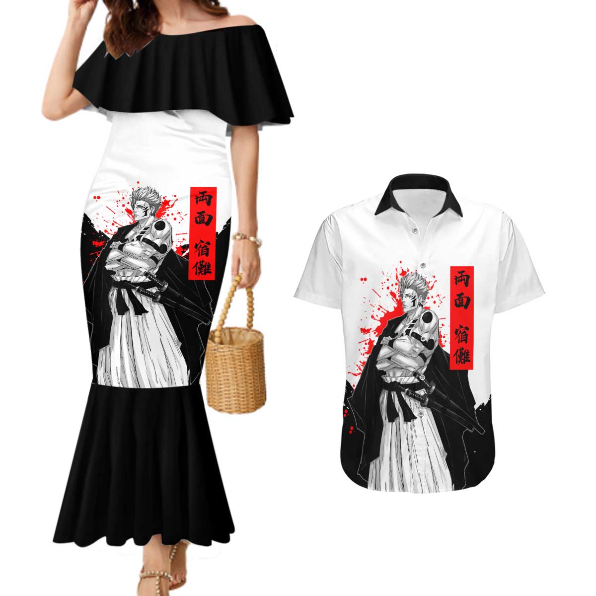 Sukuna Jujutsu Kaisen Samurai Aesthetic Couples Matching Mermaid Dress and Hawaiian Shirt with Katana, Red Kanji and Oni Mask Design - The Mazicc