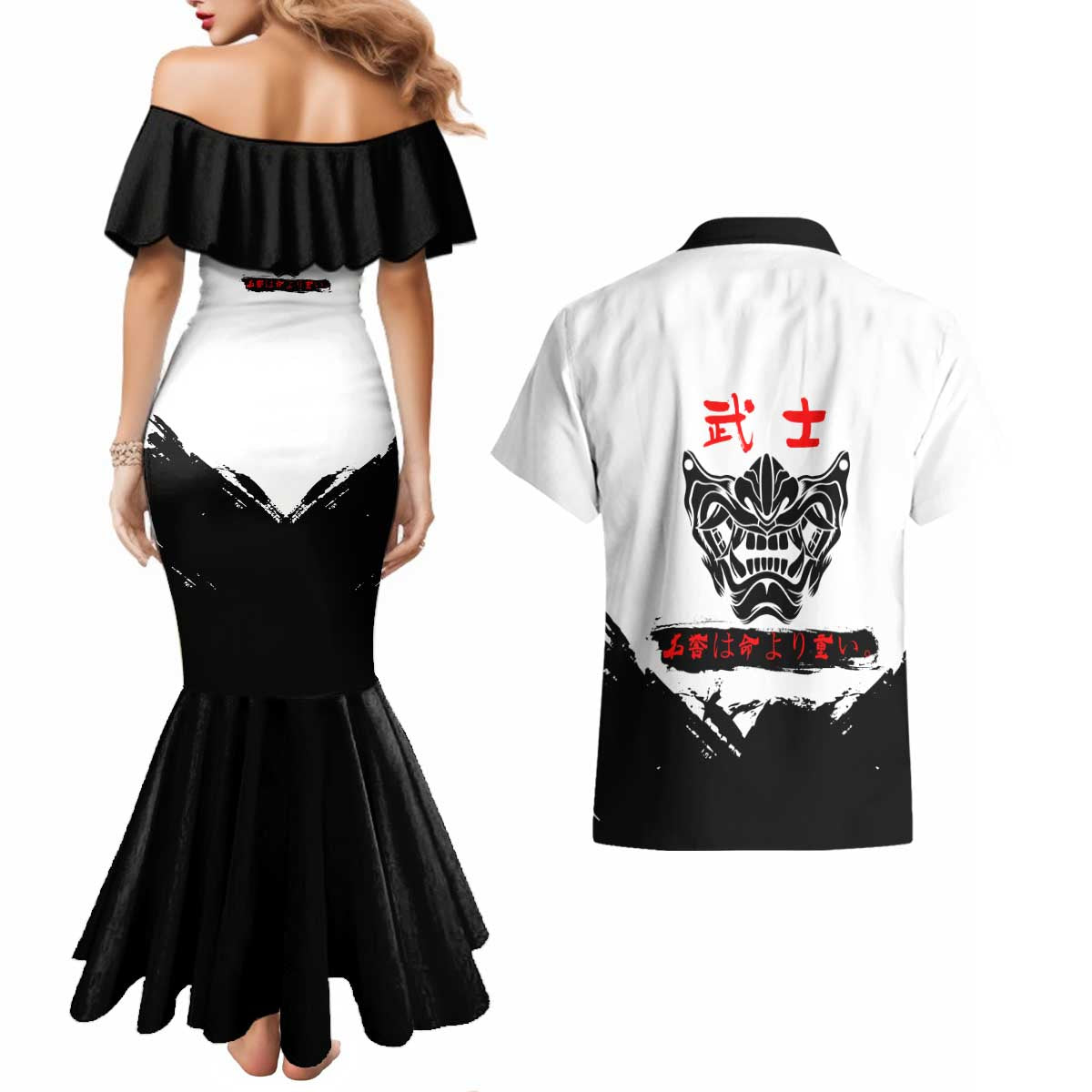 Sukuna Jujutsu Kaisen Samurai Aesthetic Couples Matching Mermaid Dress and Hawaiian Shirt with Katana, Red Kanji and Oni Mask Design - The Mazicc