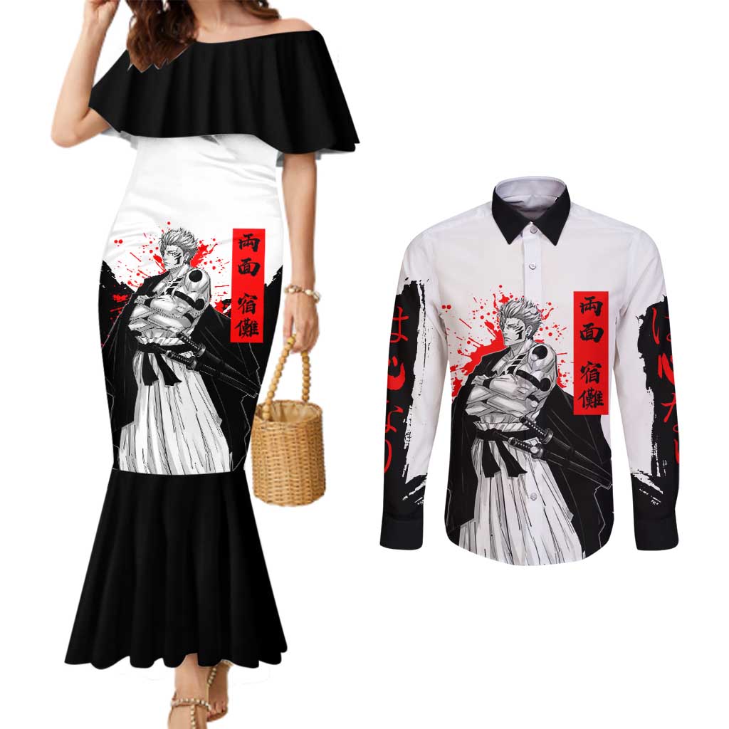 Sukuna Jujutsu Kaisen Samurai Aesthetic Couples Matching Mermaid Dress and Long Sleeve Button Shirt with Katana, Red Kanji and Oni Mask Design - The Mazicc