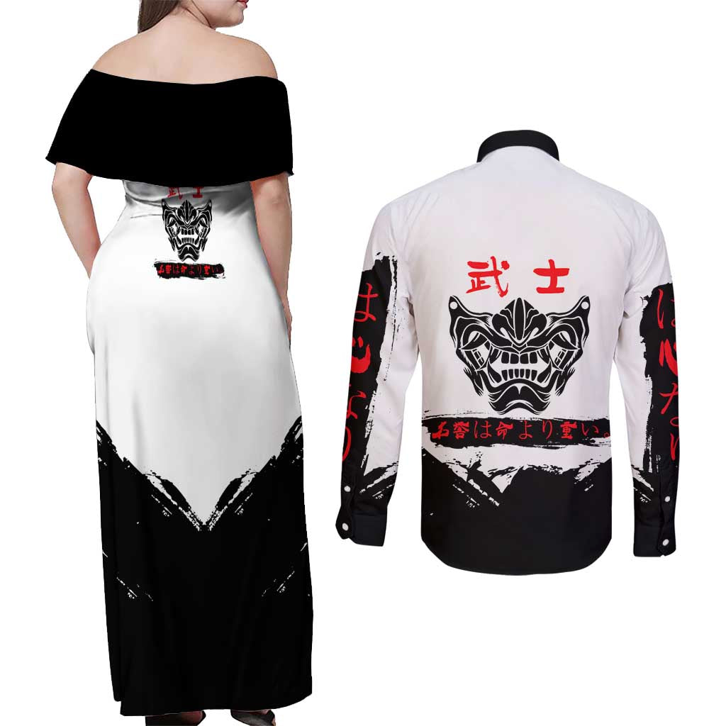 Sukuna Jujutsu Kaisen Samurai Aesthetic Couples Matching Off Shoulder Maxi Dress and Long Sleeve Button Shirt with Katana, Red Kanji and Oni Mask Design - The Mazicc
