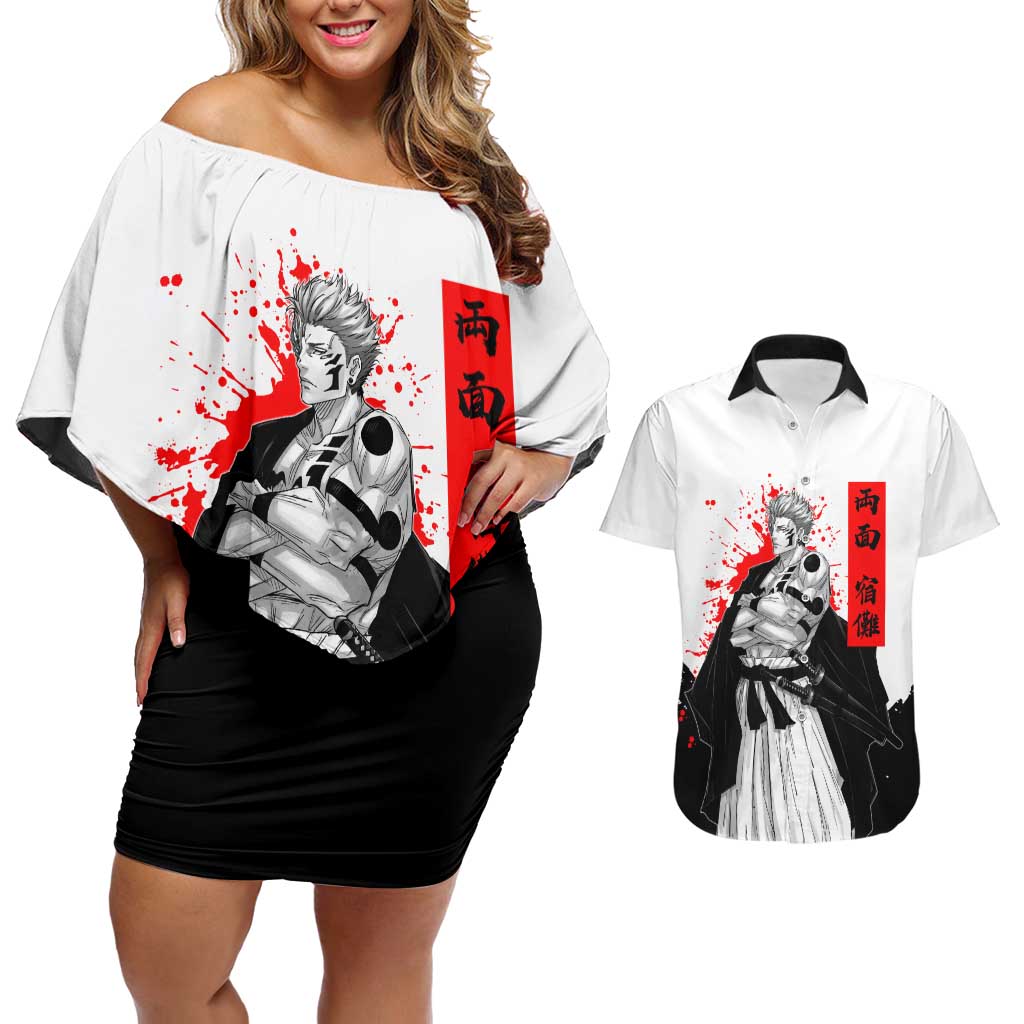 Sukuna Jujutsu Kaisen Samurai Aesthetic Couples Matching Off Shoulder Short Dress and Hawaiian Shirt with Katana, Red Kanji and Oni Mask Design - The Mazicc