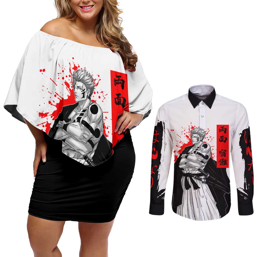 Sukuna Jujutsu Kaisen Samurai Aesthetic Couples Matching Off Shoulder Short Dress and Long Sleeve Button Shirt with Katana, Red Kanji and Oni Mask Design - The Mazicc