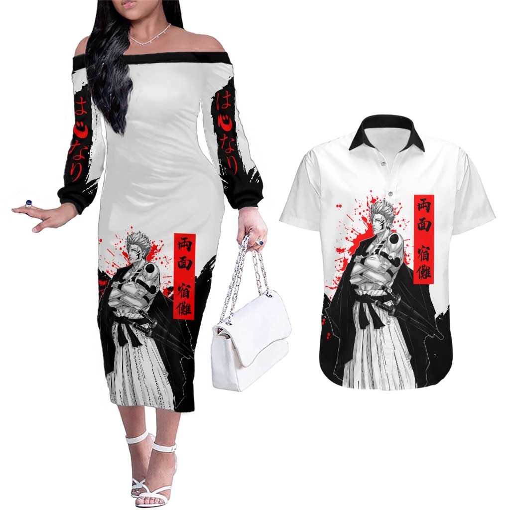 Sukuna Jujutsu Kaisen Samurai Aesthetic Couples Matching Off The Shoulder Long Sleeve Dress and Hawaiian Shirt with Katana, Red Kanji and Oni Mask Design - The Mazicc