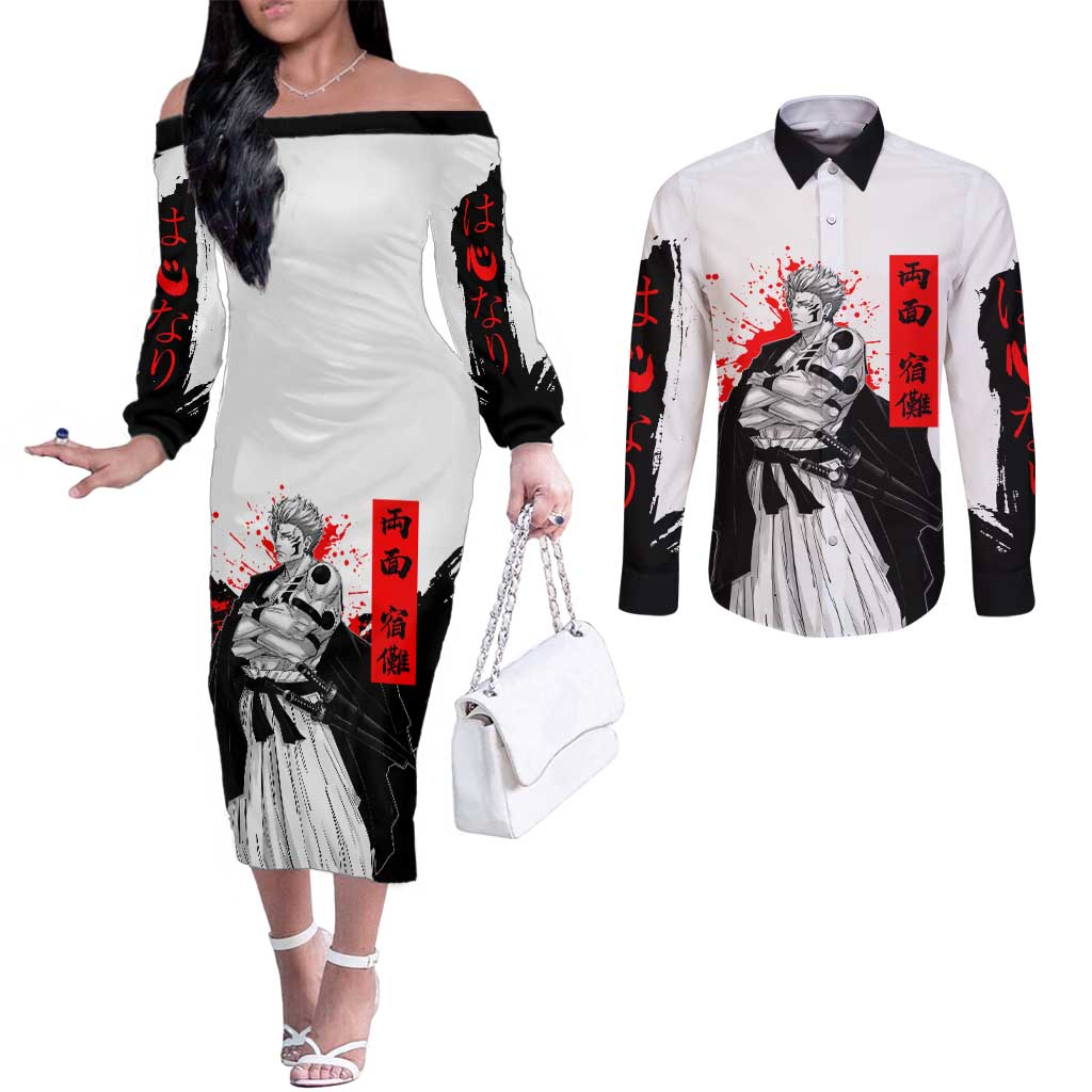 Sukuna Jujutsu Kaisen Samurai Aesthetic Couples Matching Off The Shoulder Long Sleeve Dress and Long Sleeve Button Shirt with Katana, Red Kanji and Oni Mask Design - The Mazicc