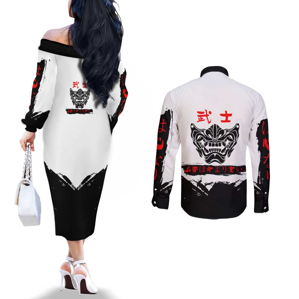 Sukuna Jujutsu Kaisen Samurai Aesthetic Couples Matching Off The Shoulder Long Sleeve Dress and Long Sleeve Button Shirt with Katana, Red Kanji and Oni Mask Design - The Mazicc