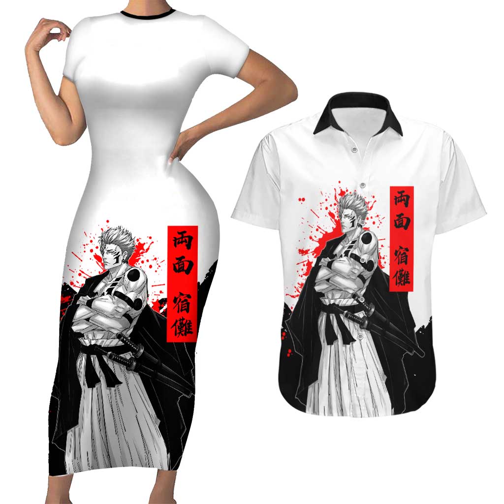 Sukuna Jujutsu Kaisen Samurai Aesthetic Couples Matching Short Sleeve Bodycon Dress and Hawaiian Shirt with Katana, Red Kanji and Oni Mask Design - The Mazicc