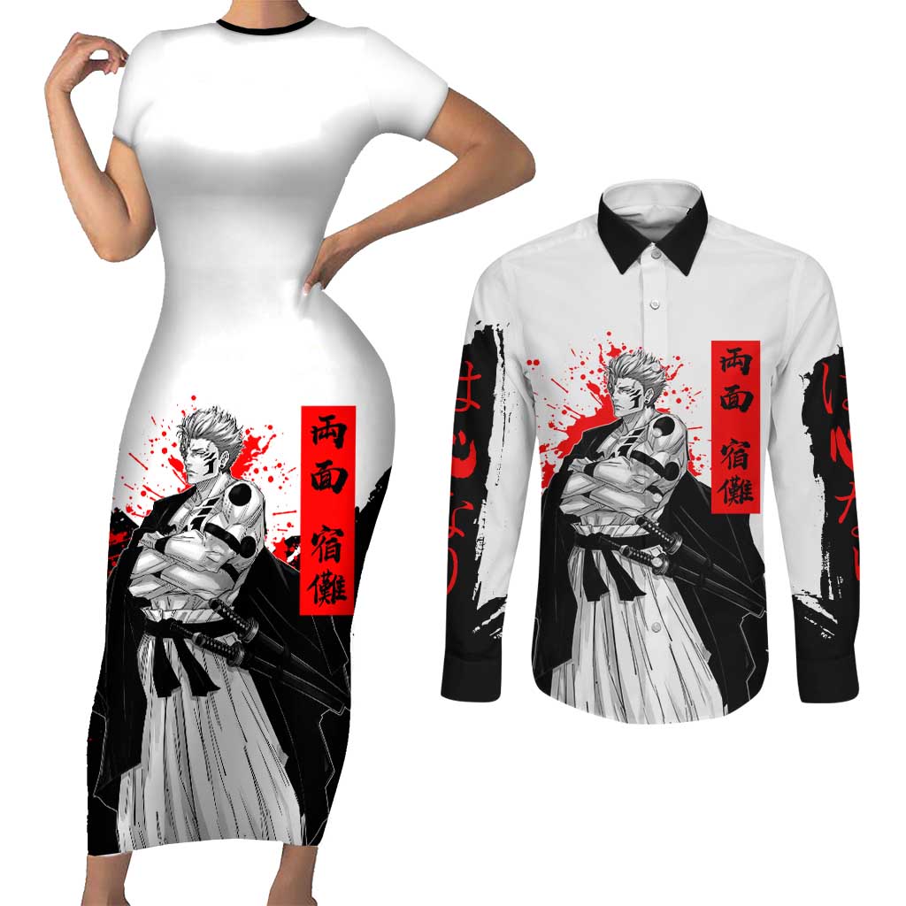 Sukuna Jujutsu Kaisen Samurai Aesthetic Couples Matching Short Sleeve Bodycon Dress and Long Sleeve Button Shirt with Katana, Red Kanji and Oni Mask Design - The Mazicc