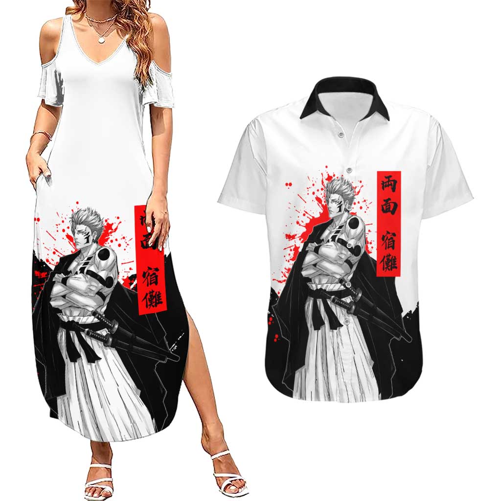 Sukuna Jujutsu Kaisen Samurai Aesthetic Couples Matching Summer Maxi Dress and Hawaiian Shirt with Katana, Red Kanji and Oni Mask Design - The Mazicc
