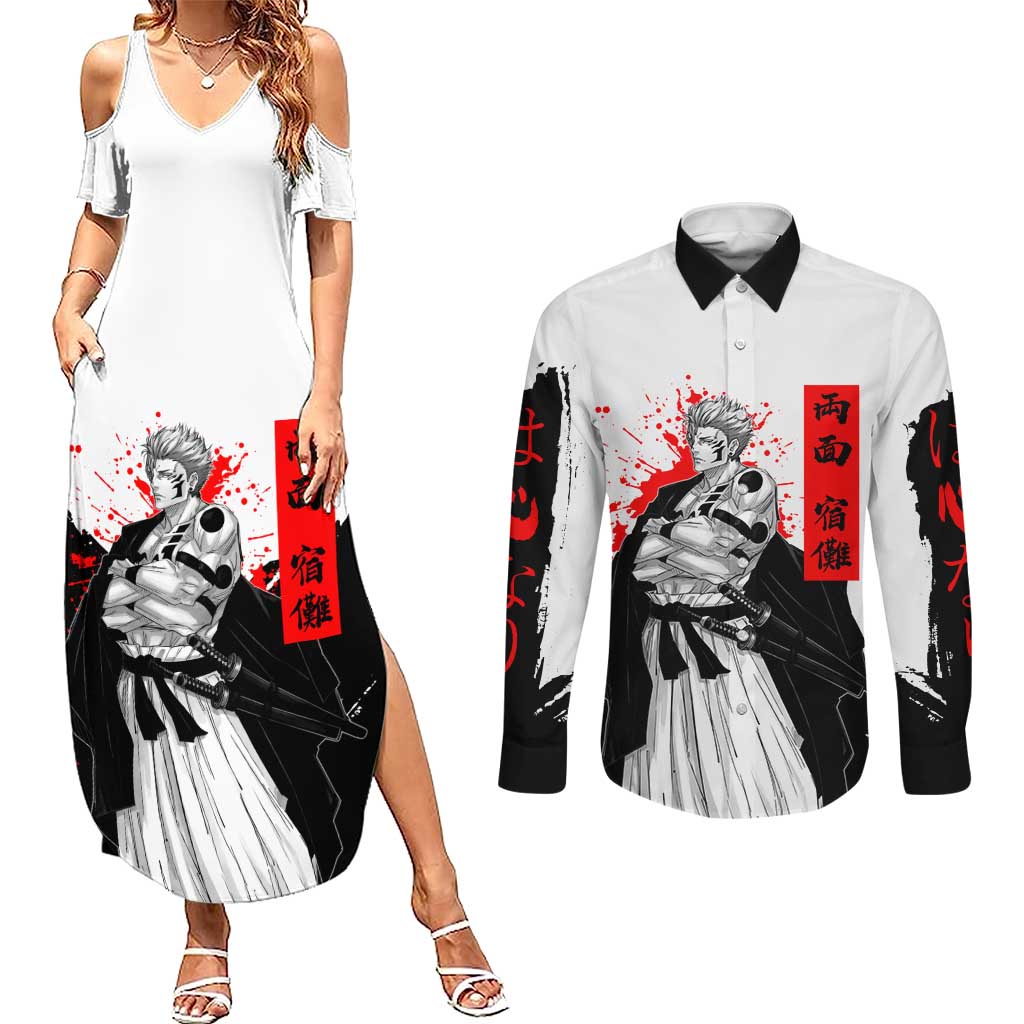 Sukuna Jujutsu Kaisen Samurai Aesthetic Couples Matching Summer Maxi Dress and Long Sleeve Button Shirt with Katana, Red Kanji and Oni Mask Design - The Mazicc