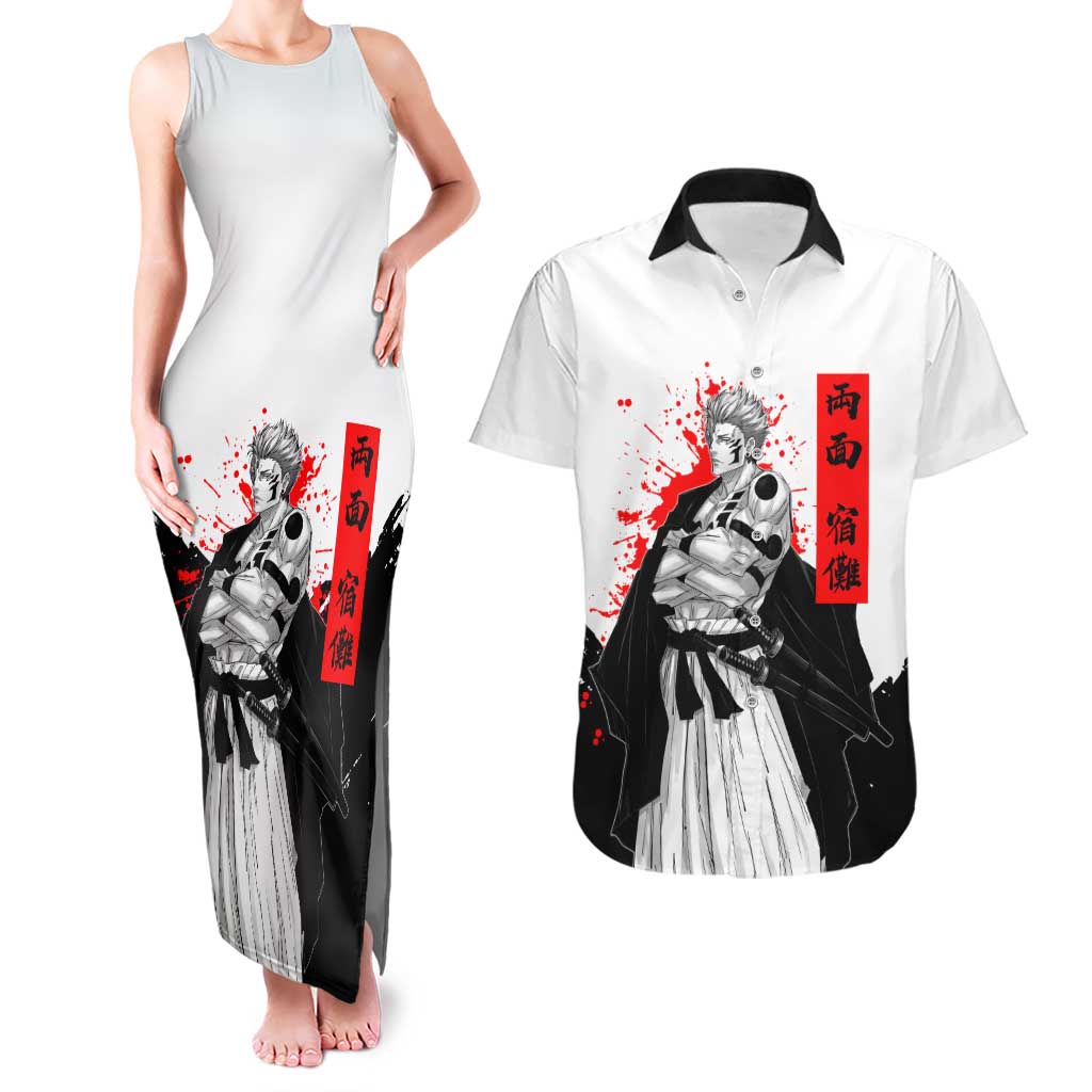 Sukuna Jujutsu Kaisen Samurai Aesthetic Couples Matching Tank Maxi Dress and Hawaiian Shirt with Katana, Red Kanji and Oni Mask Design - The Mazicc