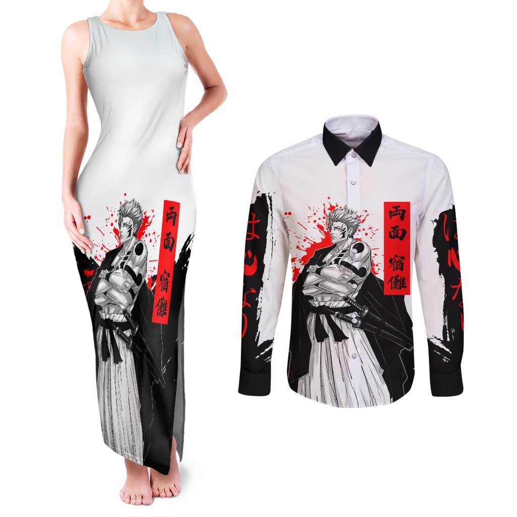 Sukuna Jujutsu Kaisen Samurai Aesthetic Couples Matching Tank Maxi Dress and Long Sleeve Button Shirt with Katana, Red Kanji and Oni Mask Design - The Mazicc
