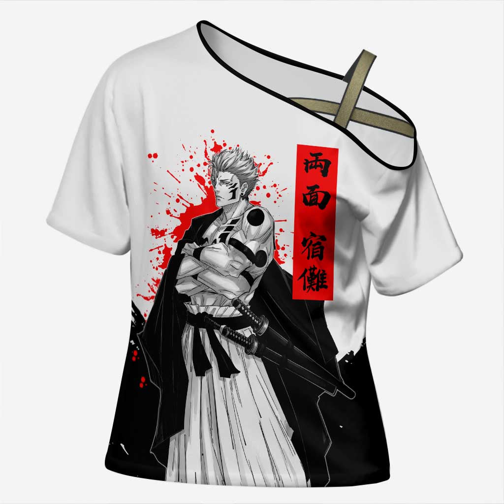 Sukuna Jujutsu Kaisen Samurai Aesthetic Cross Shoulder Shirt with Katana, Red Kanji and Oni Mask Design - The Mazicc