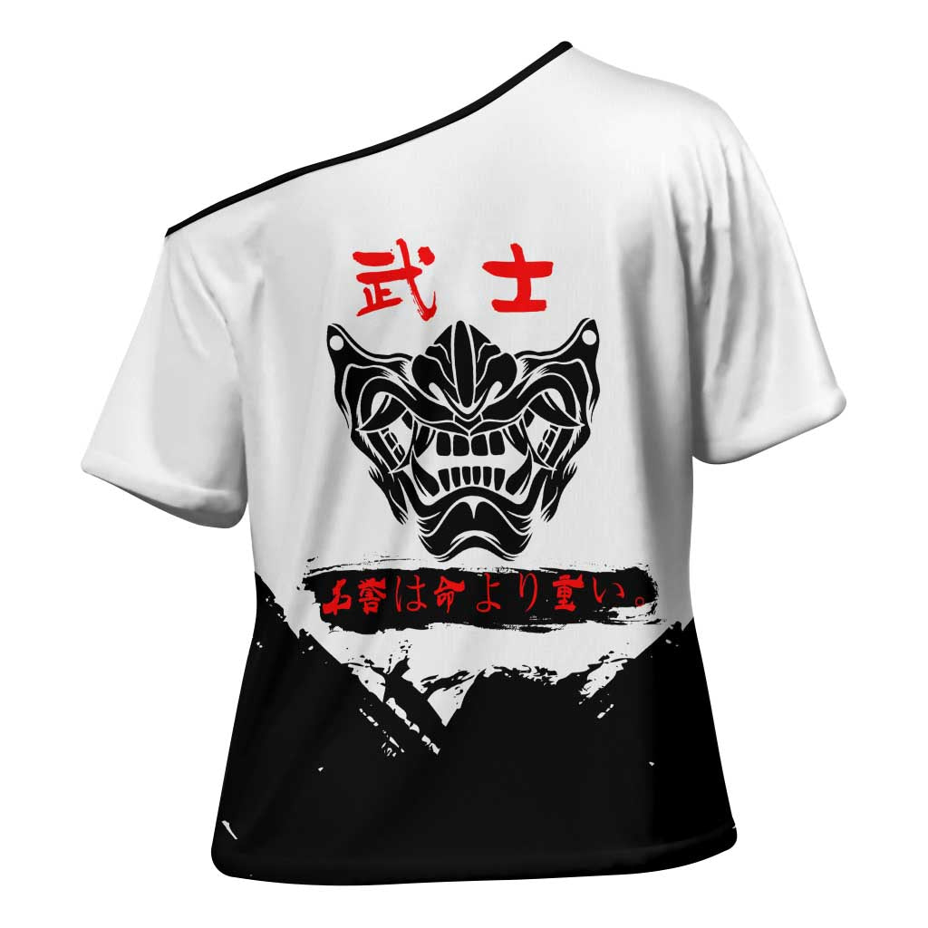 Sukuna Jujutsu Kaisen Samurai Aesthetic Cross Shoulder Shirt with Katana, Red Kanji and Oni Mask Design - The Mazicc