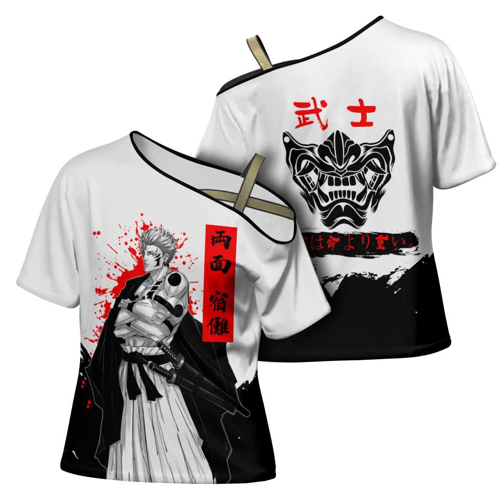 Sukuna Jujutsu Kaisen Samurai Aesthetic Cross Shoulder Shirt with Katana, Red Kanji and Oni Mask Design - The Mazicc