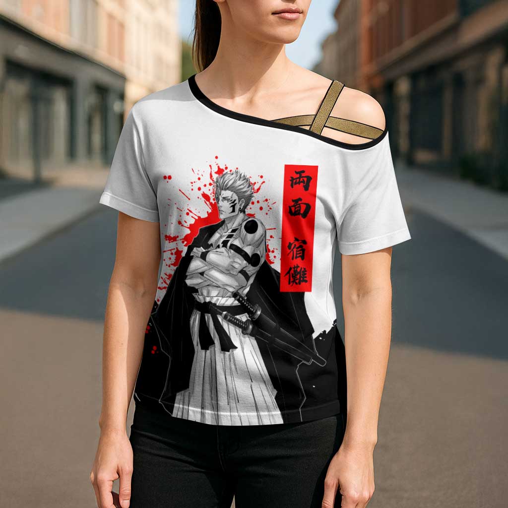 Sukuna Jujutsu Kaisen Samurai Aesthetic Cross Shoulder Shirt with Katana, Red Kanji and Oni Mask Design - The Mazicc