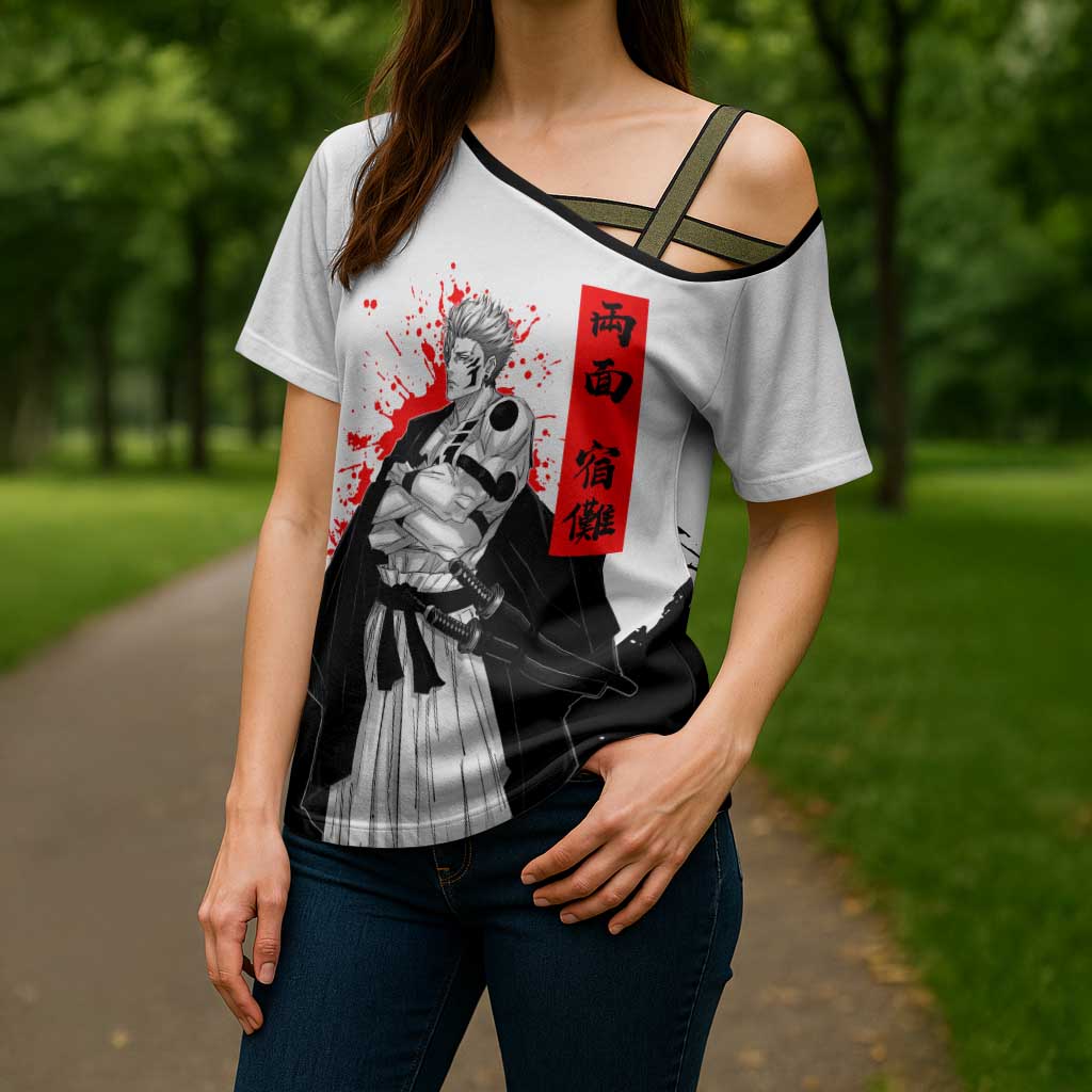 Sukuna Jujutsu Kaisen Samurai Aesthetic Cross Shoulder Shirt with Katana, Red Kanji and Oni Mask Design - The Mazicc