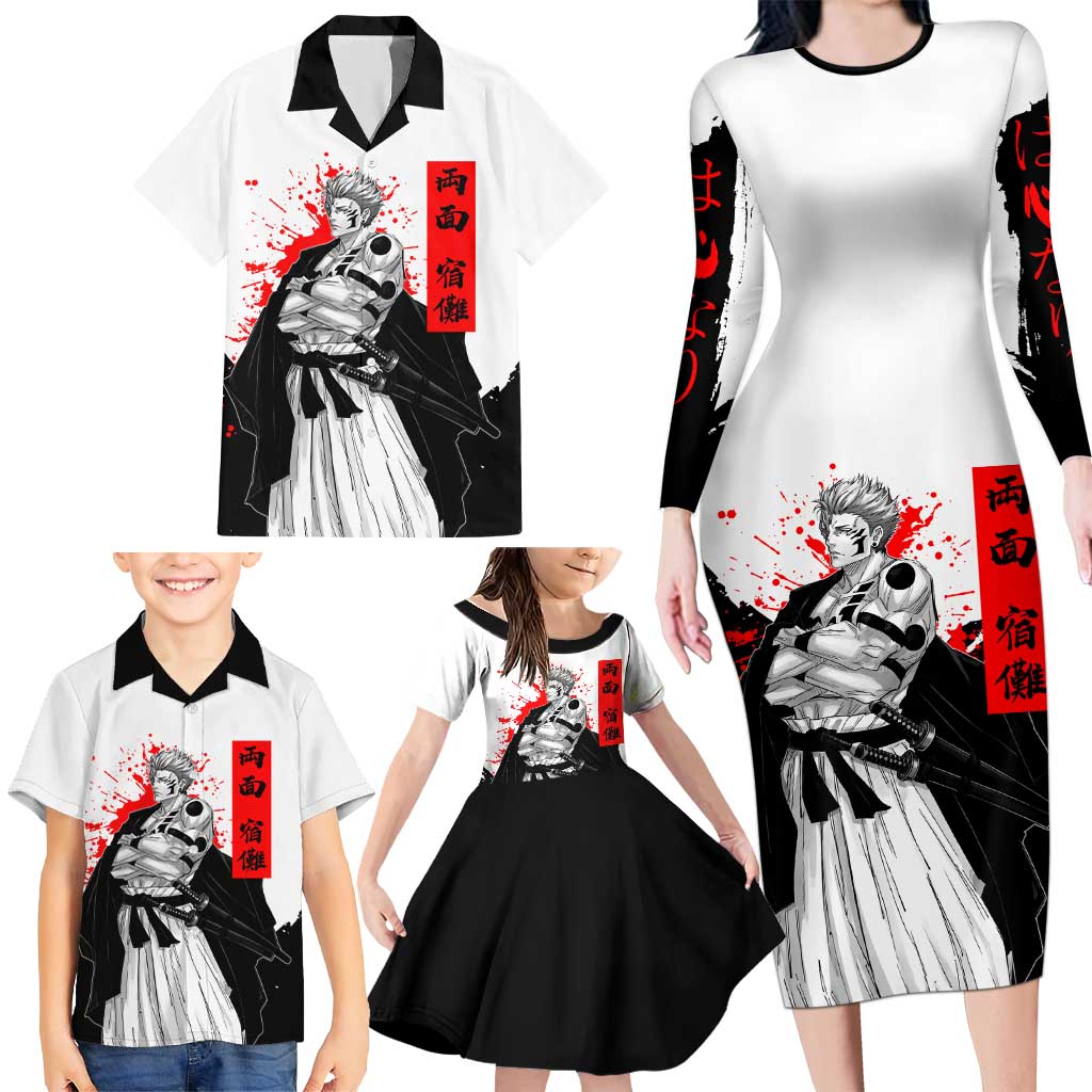 Sukuna Jujutsu Kaisen Samurai Aesthetic Family Matching Long Sleeve Bodycon Dress and Hawaiian Shirt with Katana, Red Kanji and Oni Mask Design