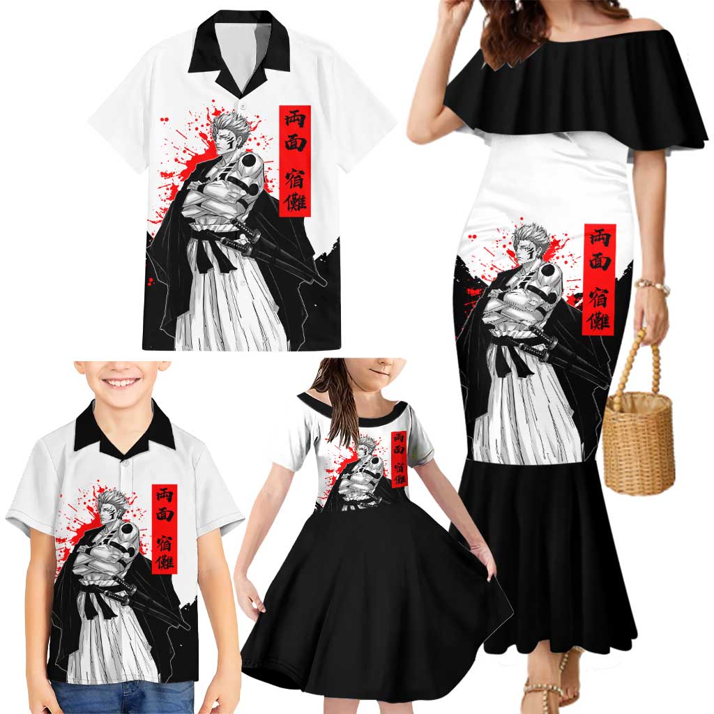Sukuna Jujutsu Kaisen Samurai Aesthetic Family Matching Mermaid Dress and Hawaiian Shirt with Katana, Red Kanji and Oni Mask Design