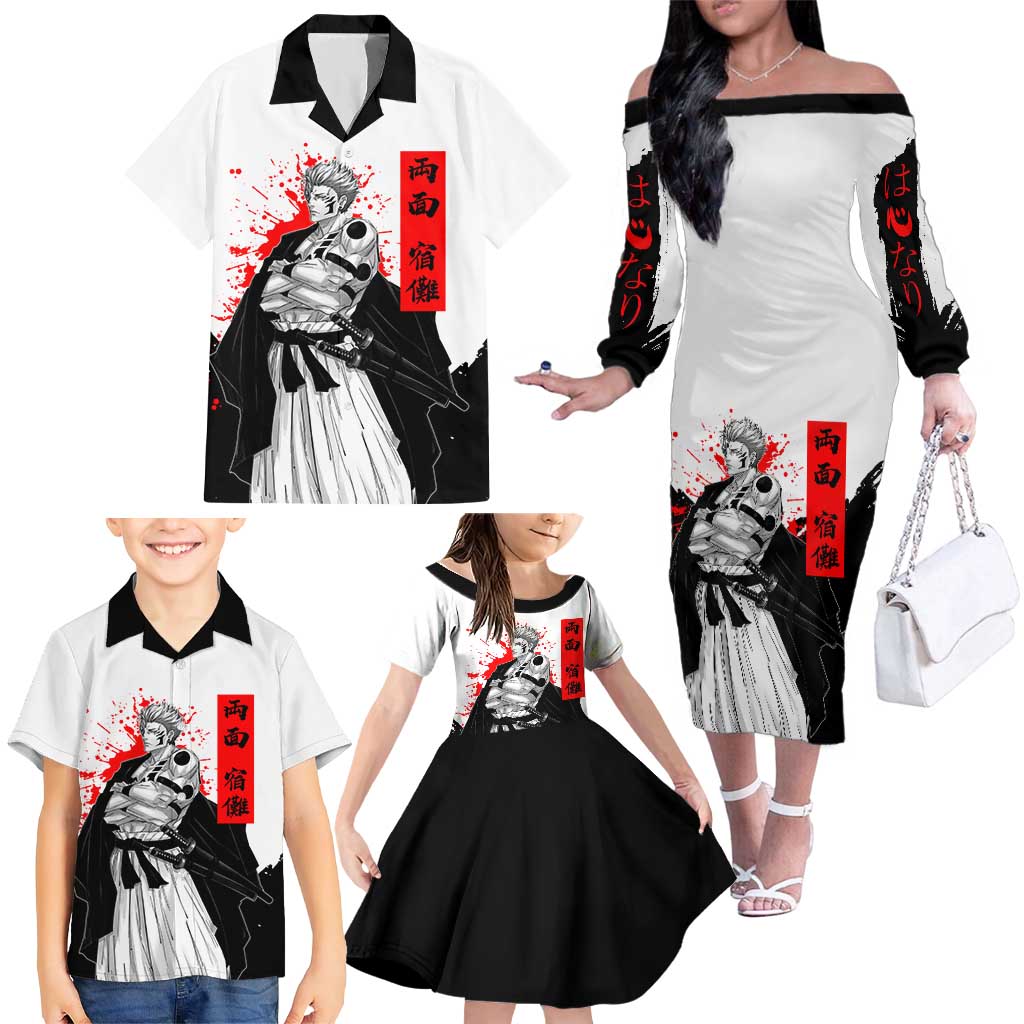 Sukuna Jujutsu Kaisen Samurai Aesthetic Family Matching Off The Shoulder Long Sleeve Dress and Hawaiian Shirt with Katana, Red Kanji and Oni Mask Design