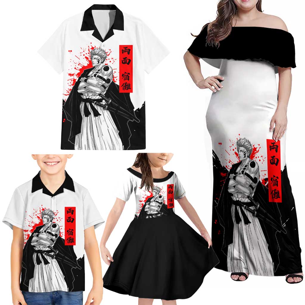 Sukuna Jujutsu Kaisen Samurai Aesthetic Family Matching Off Shoulder Maxi Dress and Hawaiian Shirt with Katana, Red Kanji and Oni Mask Design