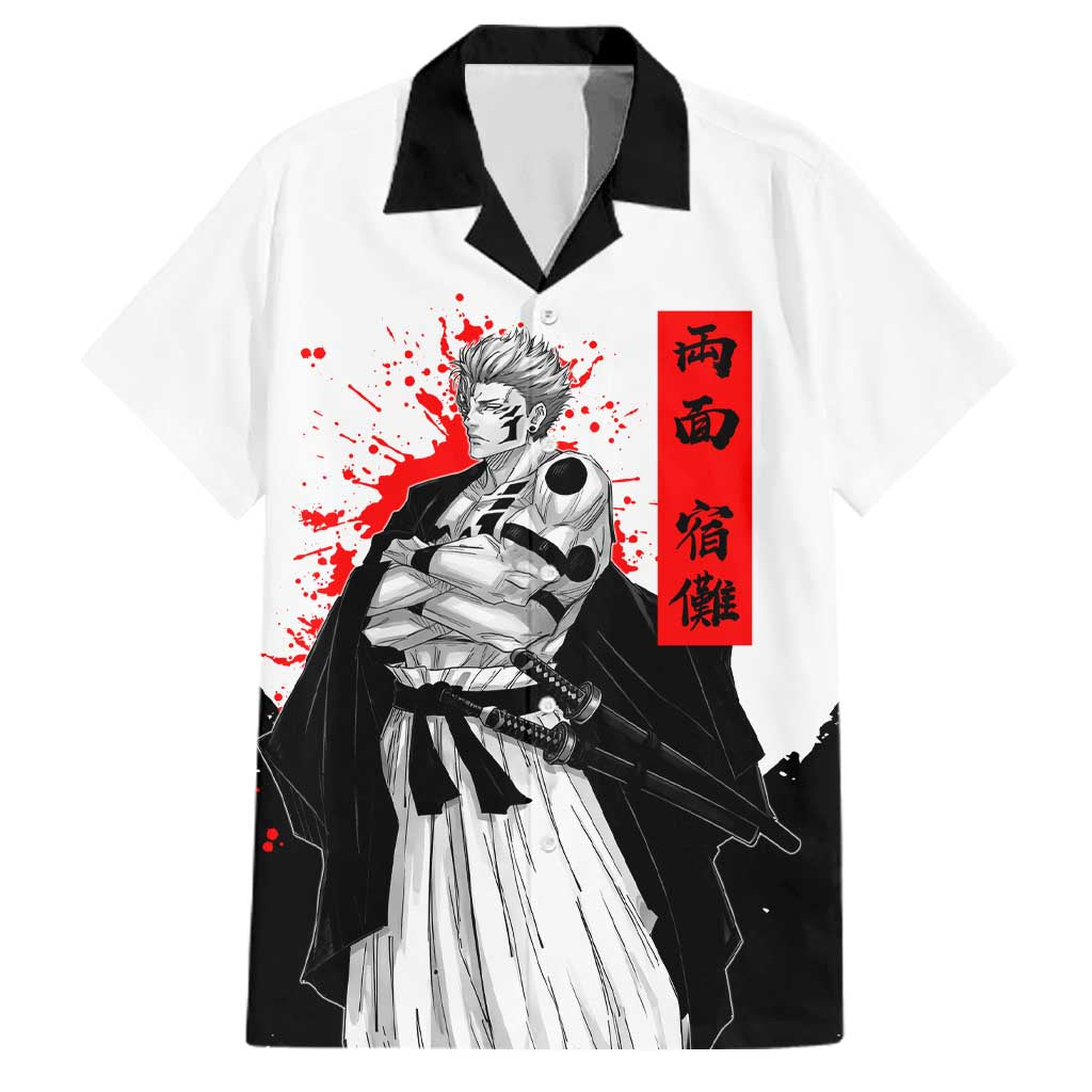 Sukuna Jujutsu Kaisen Samurai Aesthetic Family Matching Off Shoulder Maxi Dress and Hawaiian Shirt with Katana, Red Kanji and Oni Mask Design