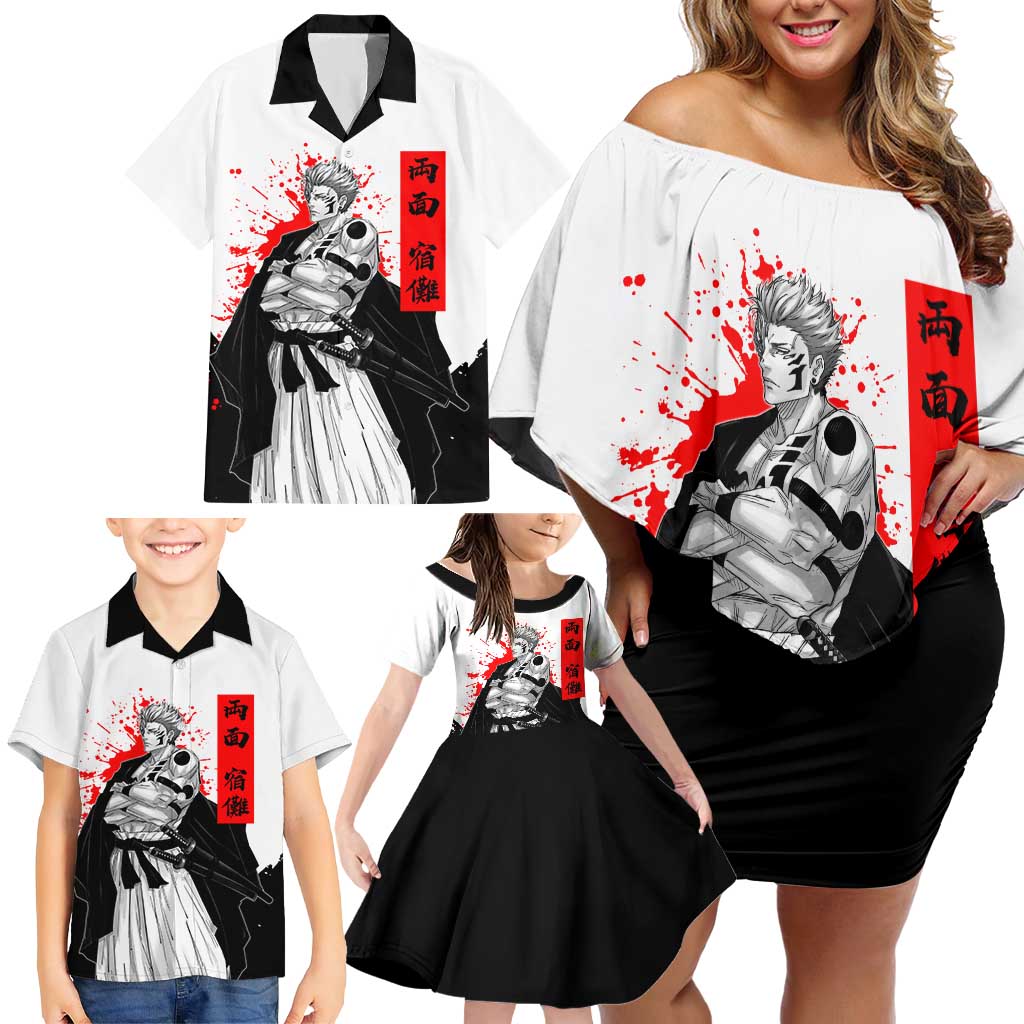 Sukuna Jujutsu Kaisen Samurai Aesthetic Family Matching Off Shoulder Short Dress and Hawaiian Shirt with Katana, Red Kanji and Oni Mask Design