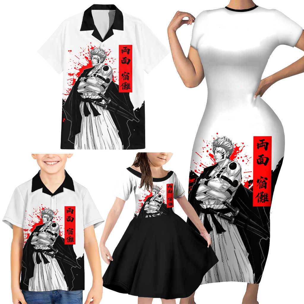 Sukuna Jujutsu Kaisen Samurai Aesthetic Family Matching Short Sleeve Bodycon Dress and Hawaiian Shirt with Katana, Red Kanji and Oni Mask Design