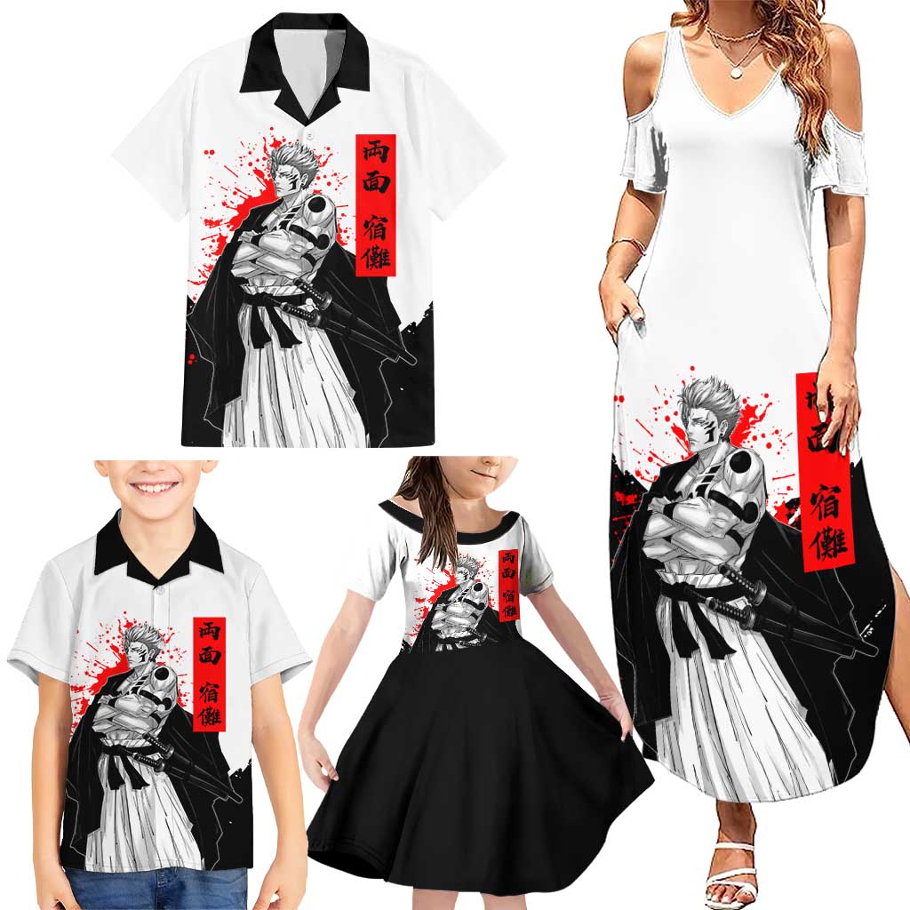 Sukuna Jujutsu Kaisen Samurai Aesthetic Family Matching Summer Maxi Dress and Hawaiian Shirt with Katana, Red Kanji and Oni Mask Design