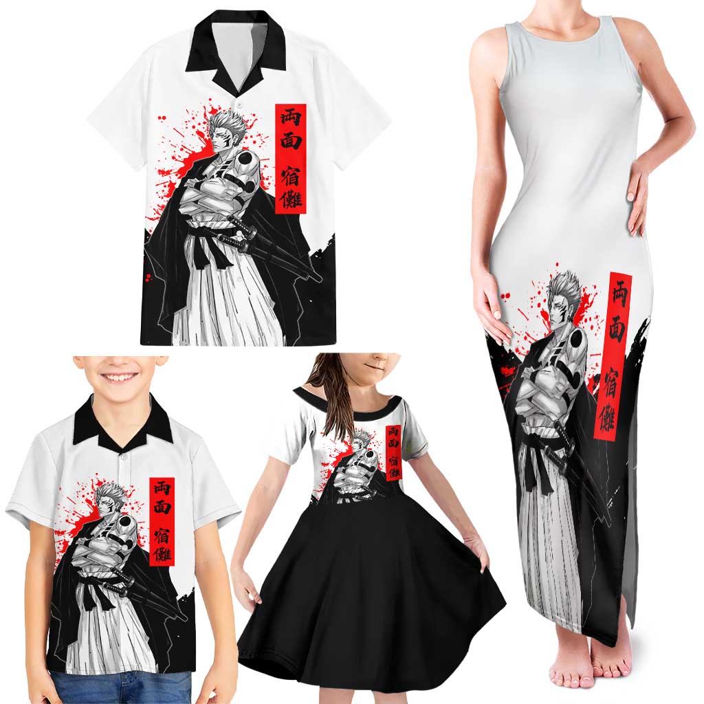 Sukuna Jujutsu Kaisen Samurai Aesthetic Family Matching Tank Maxi Dress and Hawaiian Shirt with Katana, Red Kanji and Oni Mask Design