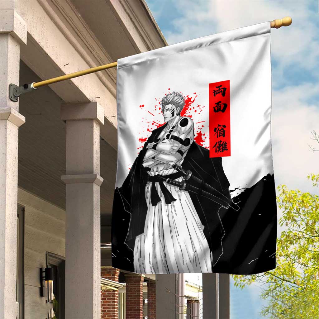 Sukuna Jujutsu Kaisen Samurai Aesthetic Garden Flag with Katana, Red Kanji and Oni Mask Design - The Mazicc