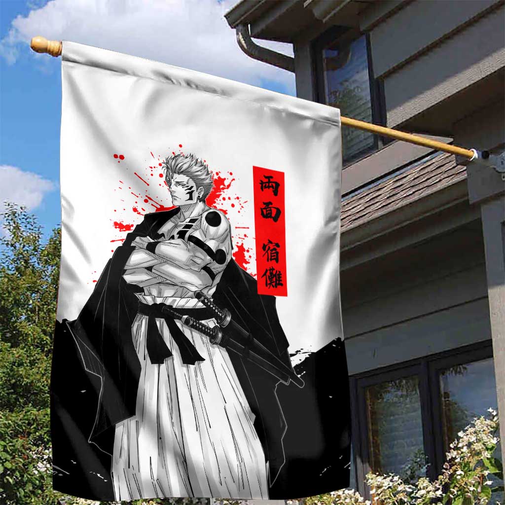 Sukuna Jujutsu Kaisen Samurai Aesthetic Garden Flag with Katana, Red Kanji and Oni Mask Design - The Mazicc