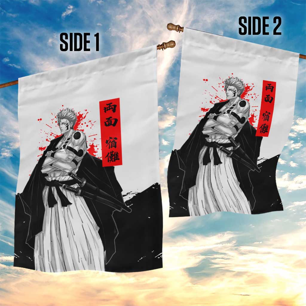 Sukuna Jujutsu Kaisen Samurai Aesthetic Garden Flag with Katana, Red Kanji and Oni Mask Design - The Mazicc