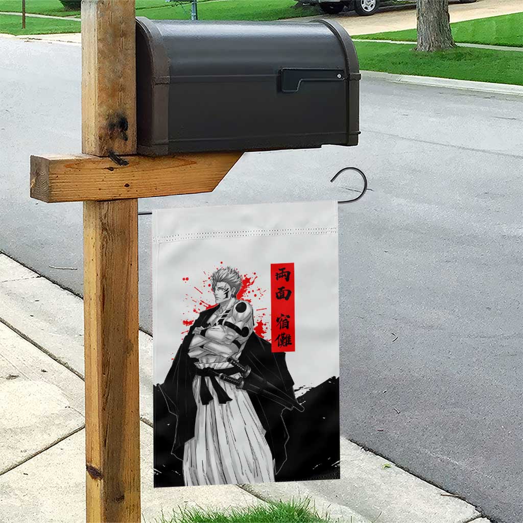 Sukuna Jujutsu Kaisen Samurai Aesthetic Garden Flag with Katana, Red Kanji and Oni Mask Design - The Mazicc