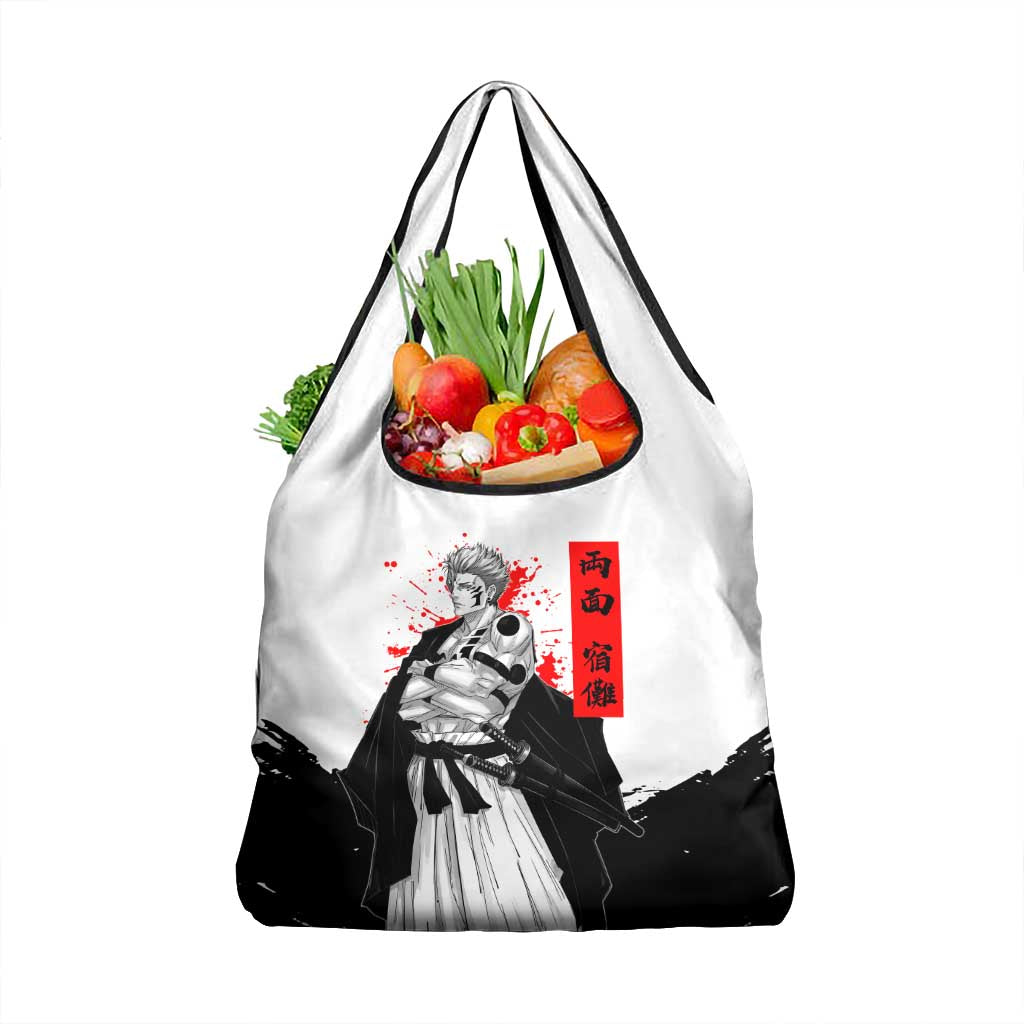 Sukuna Jujutsu Kaisen Samurai Aesthetic Grocery Bag with Katana, Red Kanji and Oni Mask Design - The Mazicc