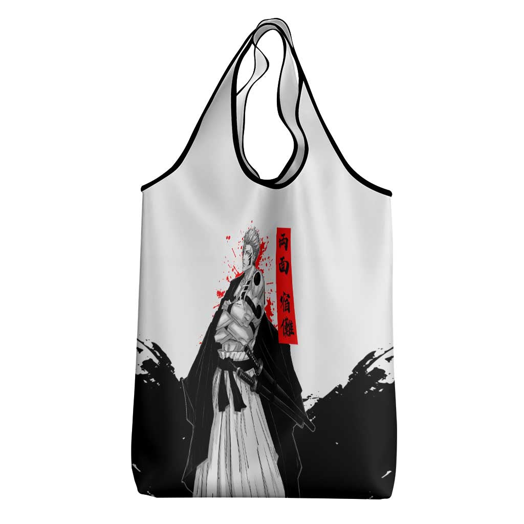 Sukuna Jujutsu Kaisen Samurai Aesthetic Grocery Bag with Katana, Red Kanji and Oni Mask Design - The Mazicc