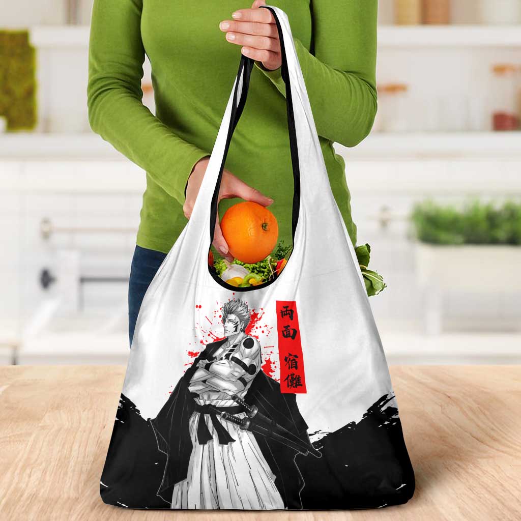 Sukuna Jujutsu Kaisen Samurai Aesthetic Grocery Bag with Katana, Red Kanji and Oni Mask Design - The Mazicc